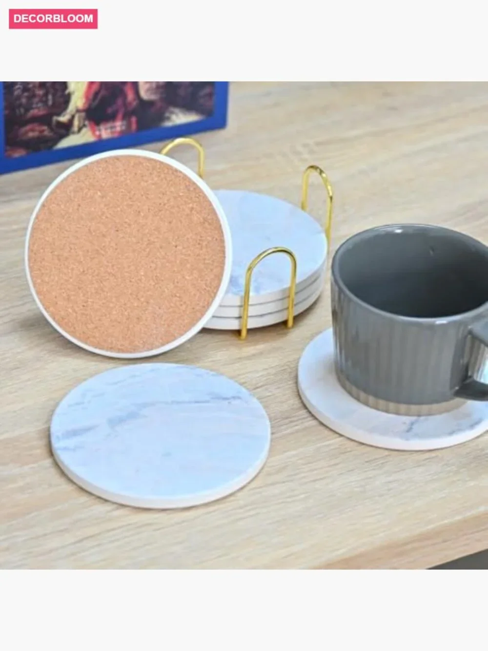 6Pcs Marble Ceramic Coasters with Cork Base for Table Protection